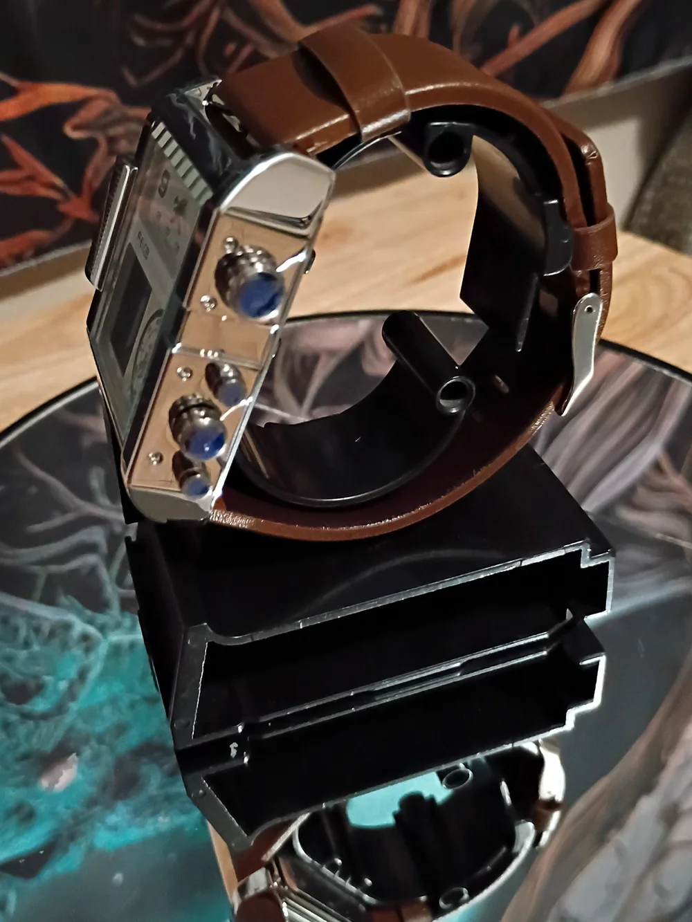 Ice Silver Dual-Display Men's Watch with Brown Leather Band